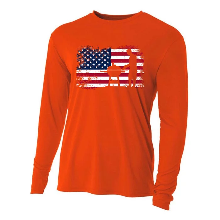 Usa American Flag Barbecuing Grilling Steak 4th Of July Gift Cooling Performance Long Sleeve Crew