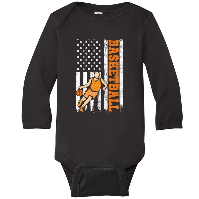 USA American Flag Basketball Gift For Sports Fan Baby Long Sleeve Bodysuit