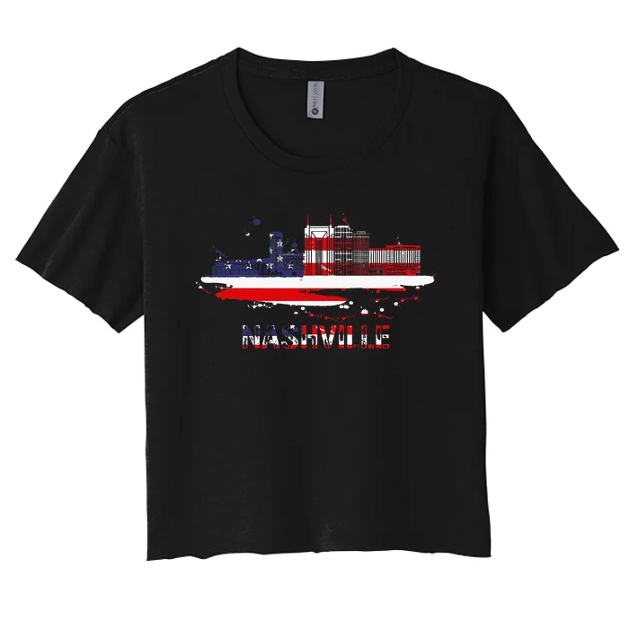 Usa American Flag Cityscape Nashville Tennessee Skyline Women's Crop Top Tee