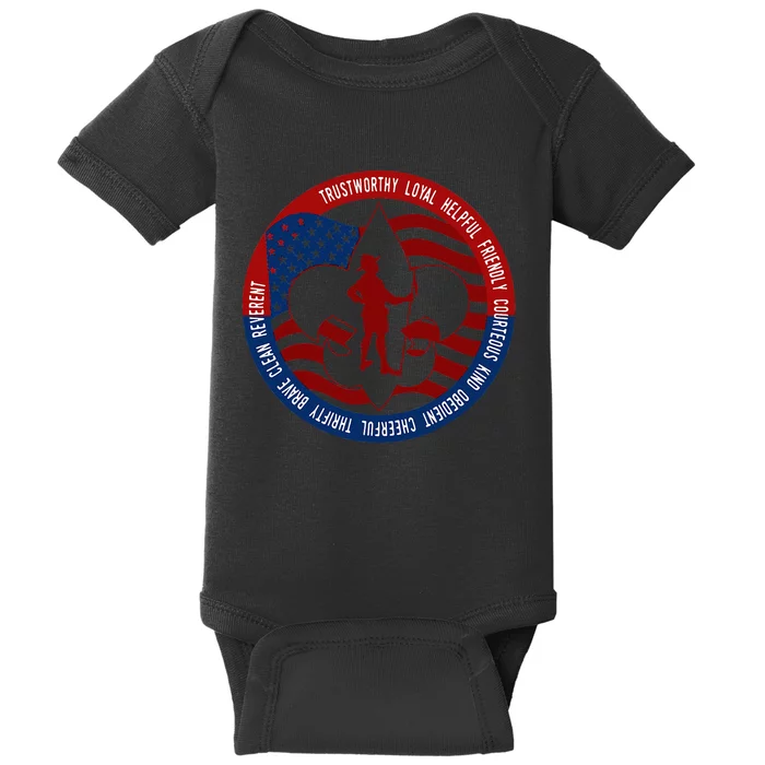 US American Flag Patriotic Scout Law Baby Bodysuit