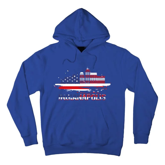 Usa American Flag Cityscape Funny Gift Indianapolis Indiana Skyline Gift Tall Hoodie