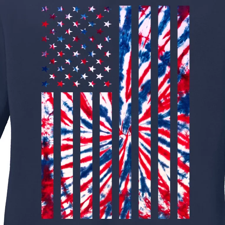 USA American Flag Red White Blue Tie Dye Ladies Long Sleeve Shirt