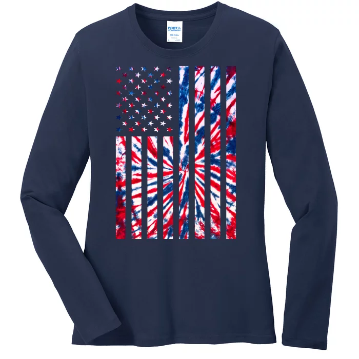 USA American Flag Red White Blue Tie Dye Ladies Long Sleeve Shirt