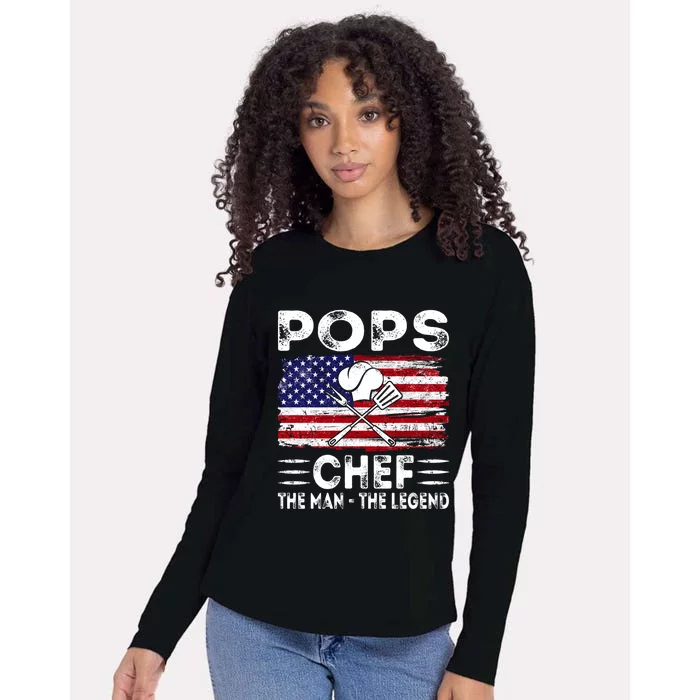 Usa American Flag Pops Chef The The Legend Gift Womens Cotton Relaxed Long Sleeve T-Shirt