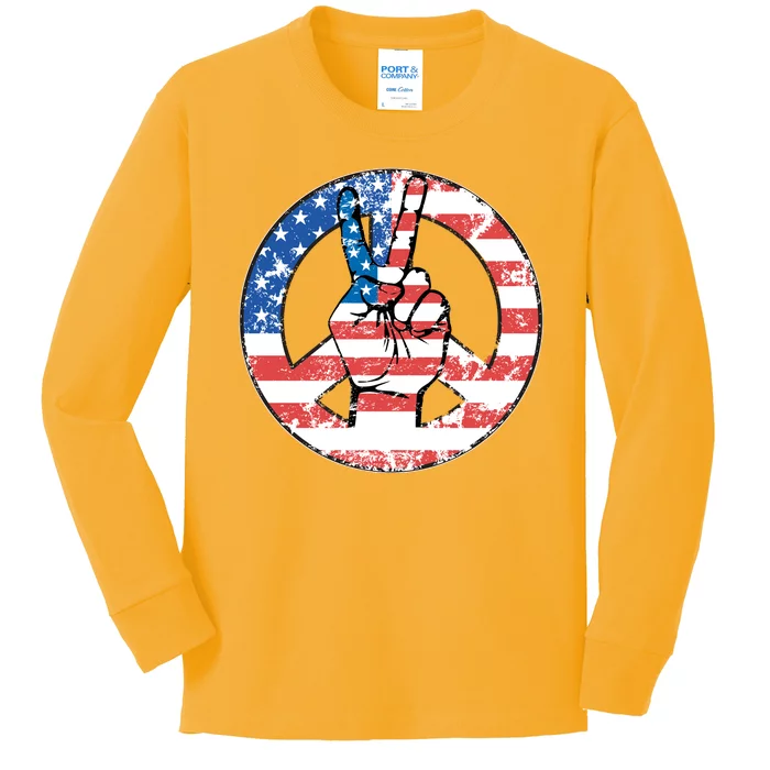 USA American Flag Peace Sign Symbol Kids Long Sleeve Shirt