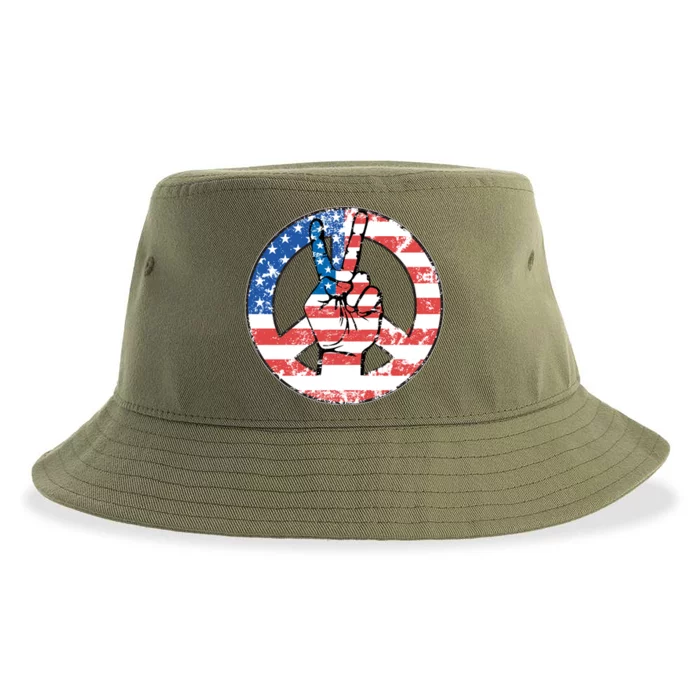 USA American Flag Peace Sign Symbol Sustainable Bucket Hat