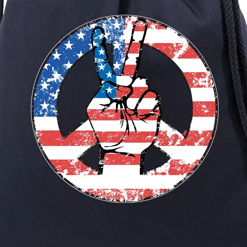 USA American Flag Peace Sign Symbol Drawstring Bag