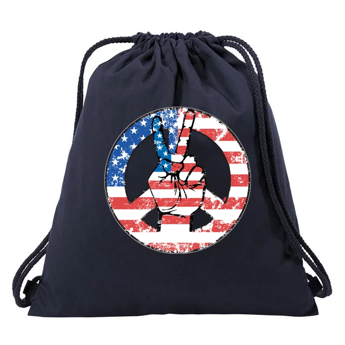 USA American Flag Peace Sign Symbol Drawstring Bag