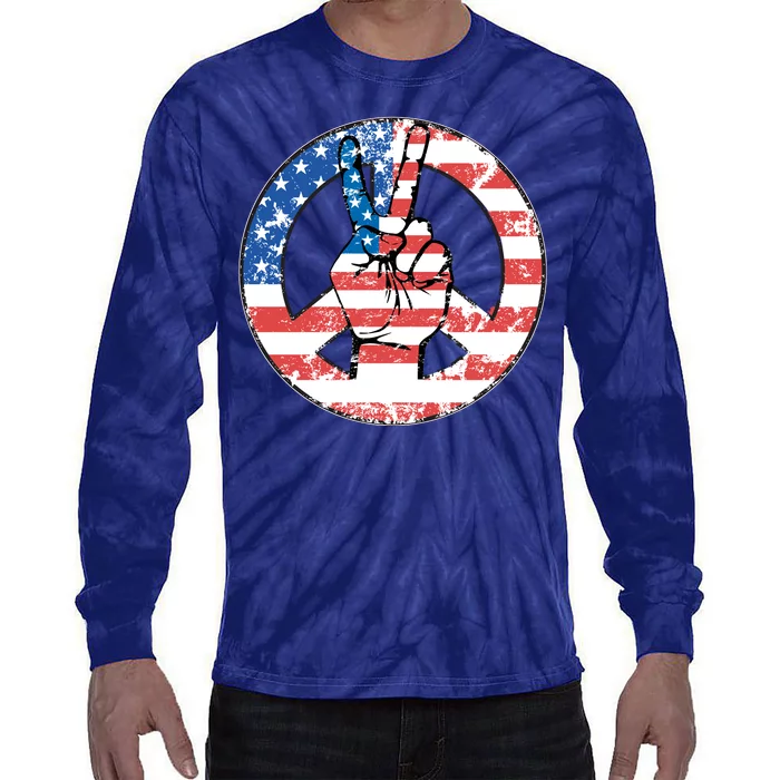 USA American Flag Peace Sign Symbol Tie-Dye Long Sleeve Shirt