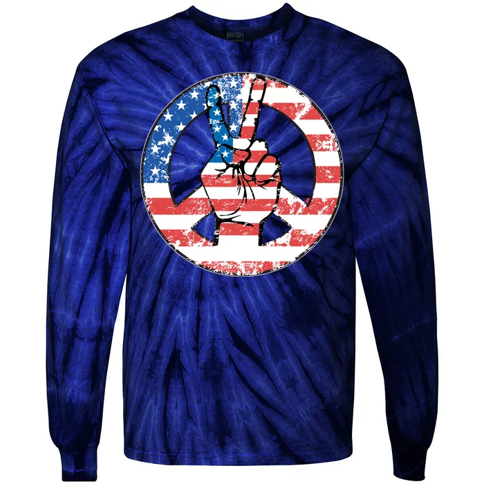 USA American Flag Peace Sign Symbol Tie-Dye Long Sleeve Shirt