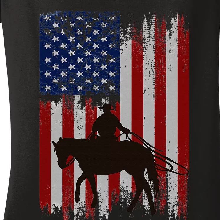 Usa American Flag Cowboy Rodeo Roping Horse Riding Women's V-Neck T-Shirt