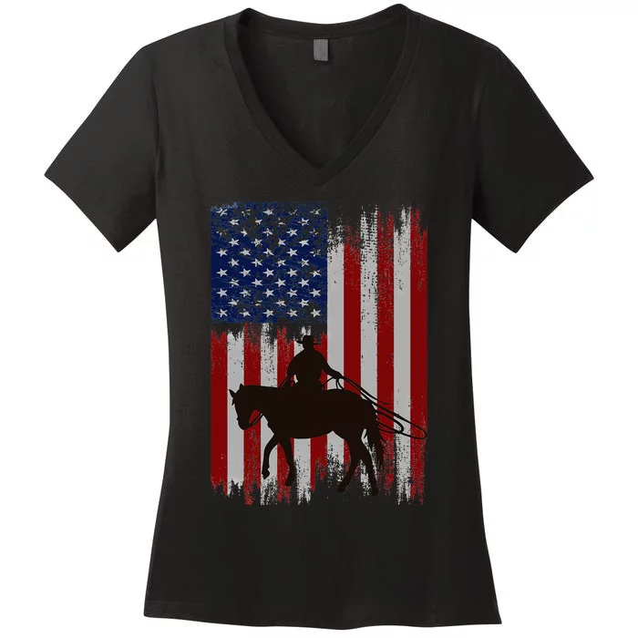 Usa American Flag Cowboy Rodeo Roping Horse Riding Women's V-Neck T-Shirt