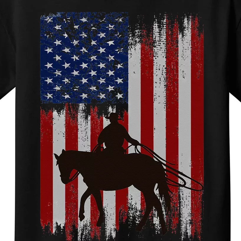 Usa American Flag Cowboy Rodeo Roping Horse Riding Kids T-Shirt