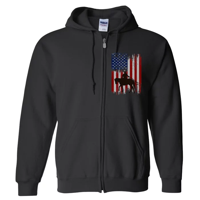 Usa American Flag Cowboy Rodeo Roping Horse Riding Full Zip Hoodie