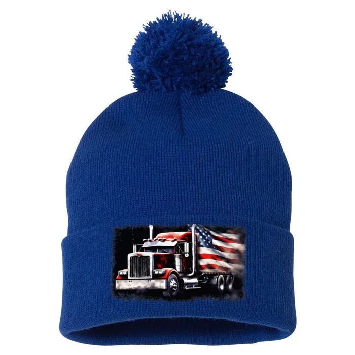 Us American Flag Semi Truck Driver Trucker Pom Pom 12in Knit Beanie