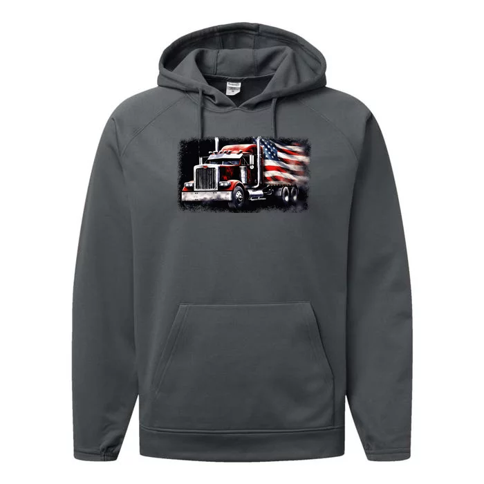 Us American Flag Semi Truck Driver Trucker Performance Fleece Hoodie