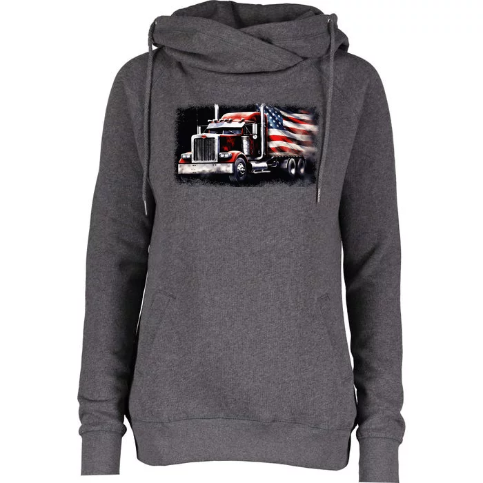 Us American Flag Semi Truck Driver Trucker Womens Funnel Neck Pullover Hood