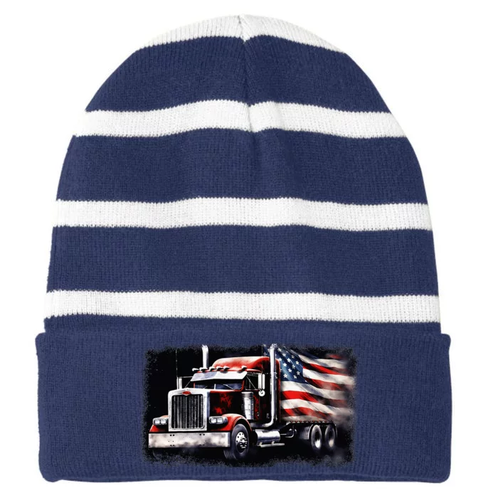 Us American Flag Semi Truck Driver Trucker Striped Beanie with Solid Band