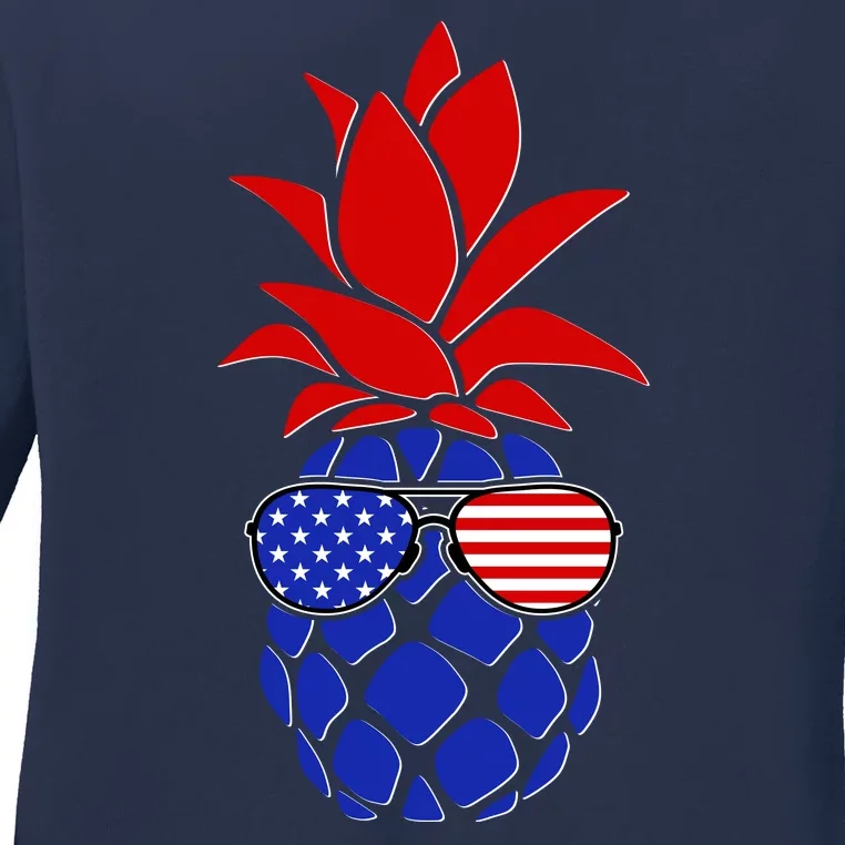 USA American Flag Sunglasses Pineapple Ladies Long Sleeve Shirt