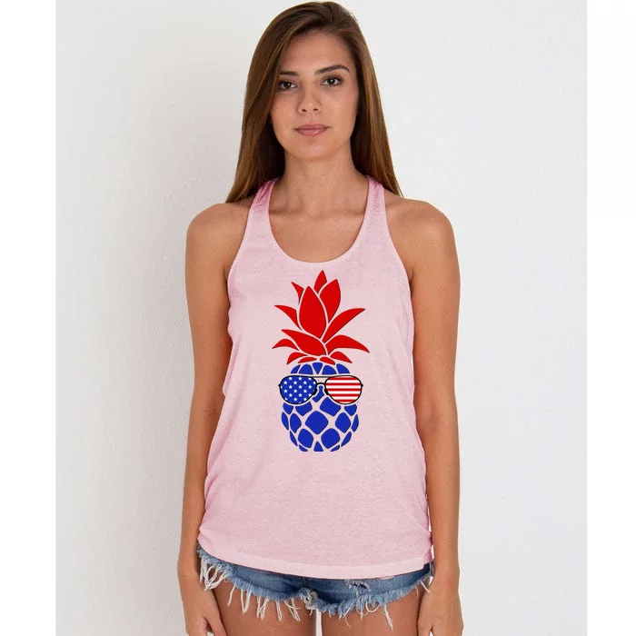 USA American Flag Sunglasses Pineapple Women's Knotted Racerback Tank