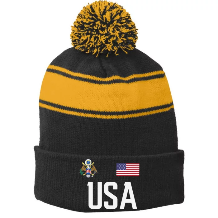 USA America Flag Football Soccer Fan Stripe Pom Pom Beanie