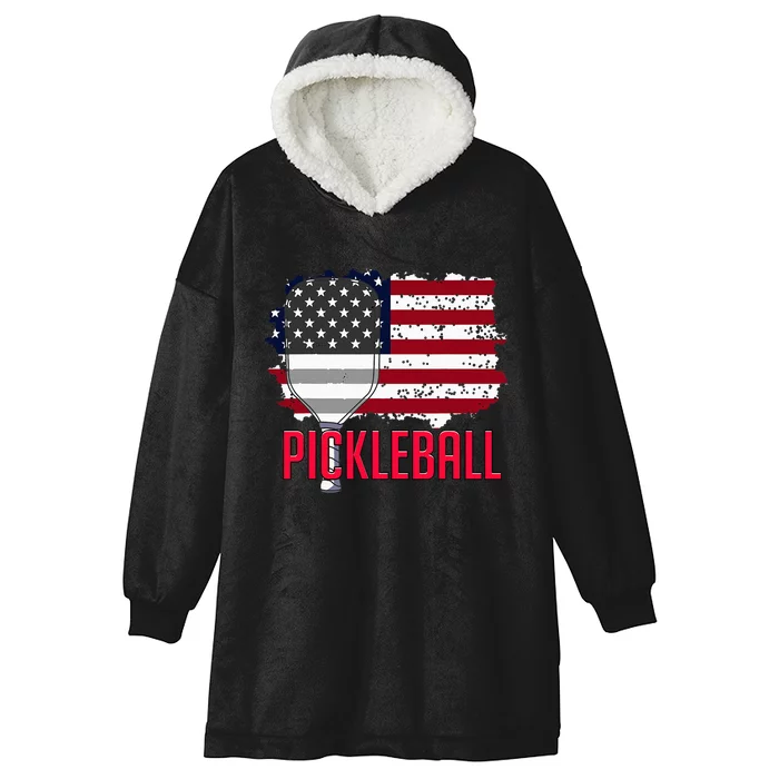 Us American Flag Pickleball Lover Player Paddle Hooded Wearable Blanket