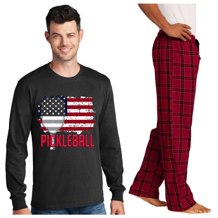 Us American Flag Pickleball Lover Player Paddle Long Sleeve Pajama Set