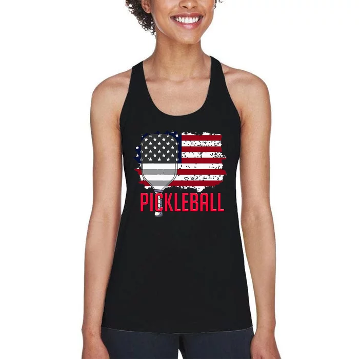 Us American Flag Pickleball Lover Player Paddle Women's Racerback Tank