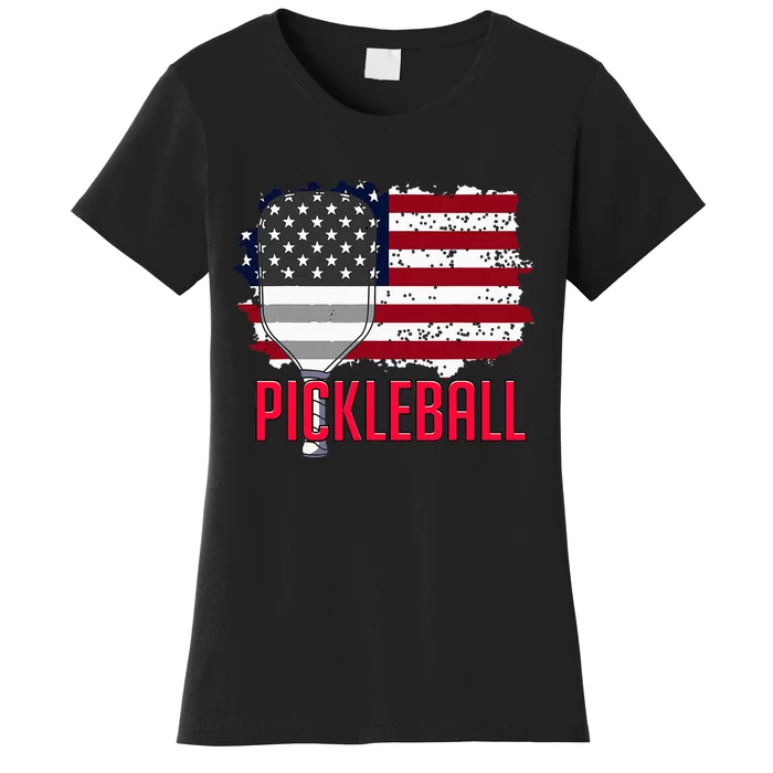 Us American Flag Pickleball Lover Player Paddle Women's T-Shirt