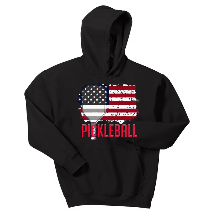 Us American Flag Pickleball Lover Player Paddle Kids Hoodie