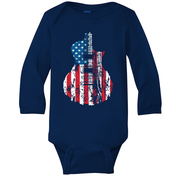 US American Flag Guitar Musician Distressed Guitars Vintage Baby Long Sleeve Bodysuit