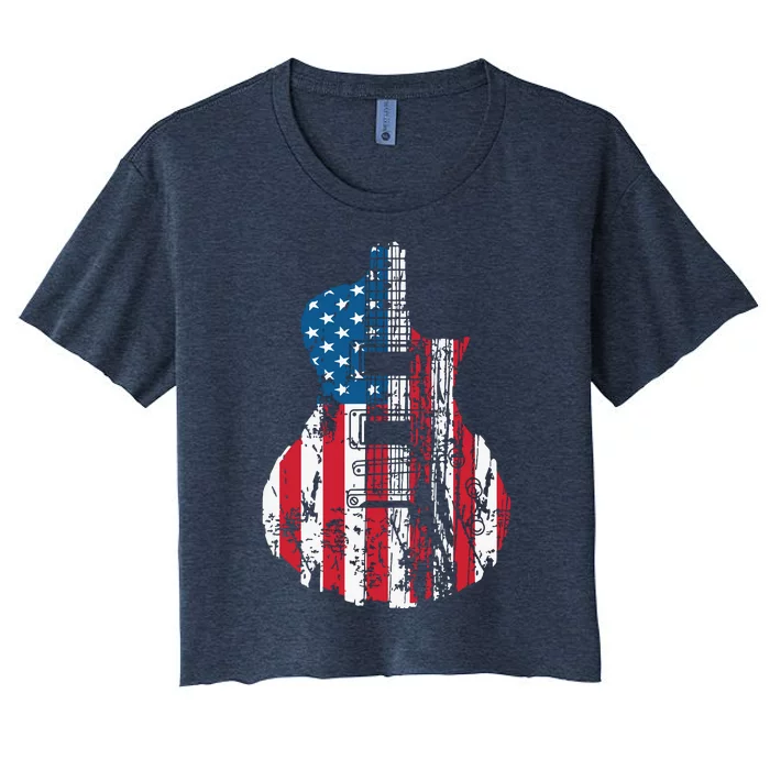 US American Flag Guitar Musician Distressed Guitars Vintage Women's Crop Top Tee