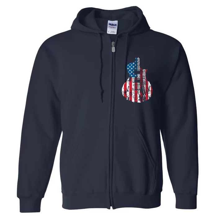 US American Flag Guitar Musician Distressed Guitars Vintage Full Zip Hoodie