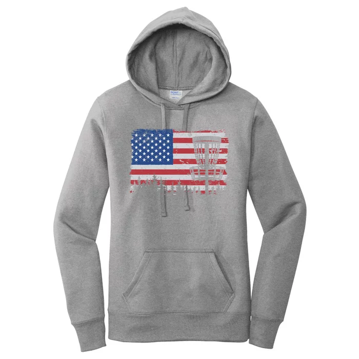 Us American Flag Disc Golf Basket Frisbee Vintage Disc Golf Gift Women's Pullover Hoodie