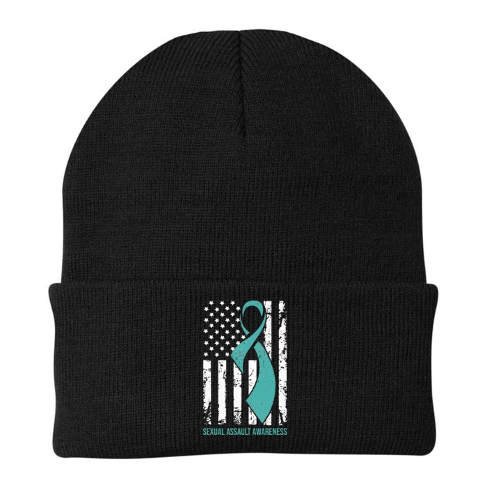 USA American Flag Teal Ribbon April Sexual Assault Awareness Knit Cap Winter Beanie