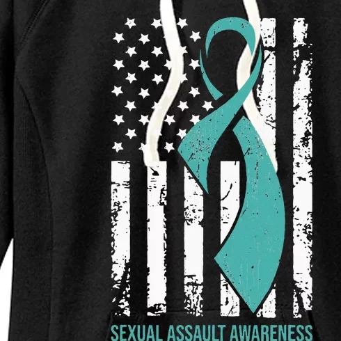 USA American Flag Teal Ribbon April Sexual Assault Awareness Women's Fleece Hoodie