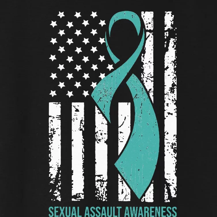 USA American Flag Teal Ribbon April Sexual Assault Awareness Women's Crop Top Tee