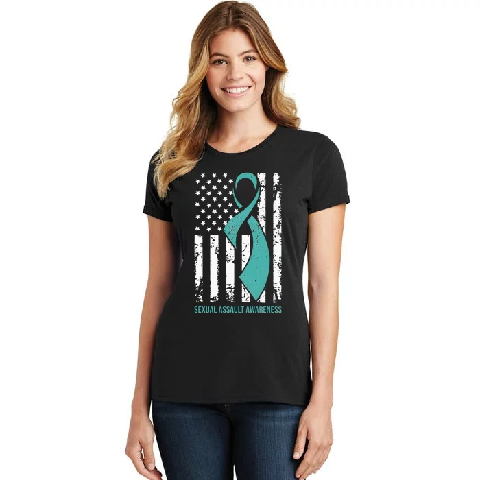 USA American Flag Teal Ribbon April Sexual Assault Awareness Women's T-Shirt