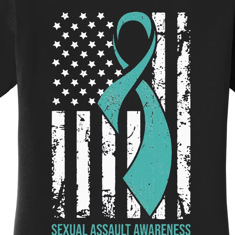 USA American Flag Teal Ribbon April Sexual Assault Awareness Women's T-Shirt