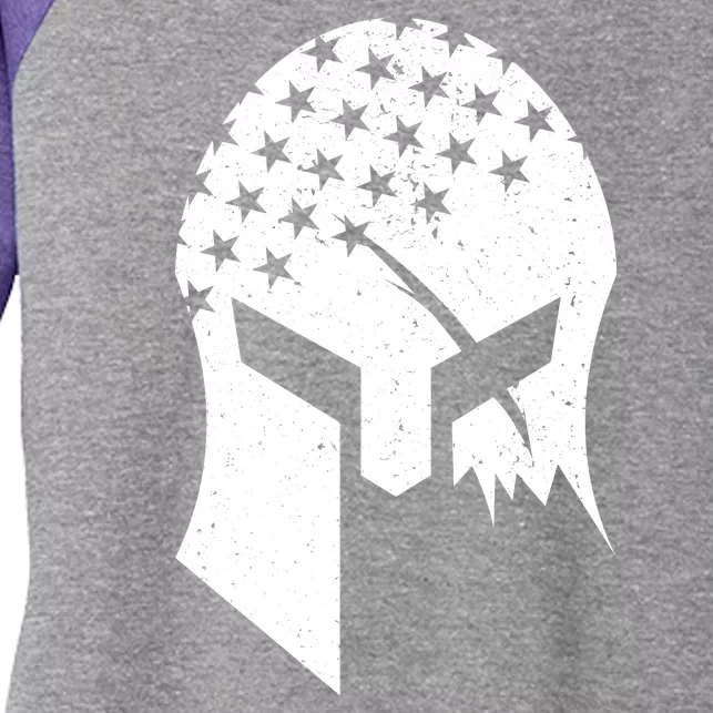 USA American Flag Warrior Skull Helmet Women's Tri-Blend 3/4-Sleeve Raglan Shirt