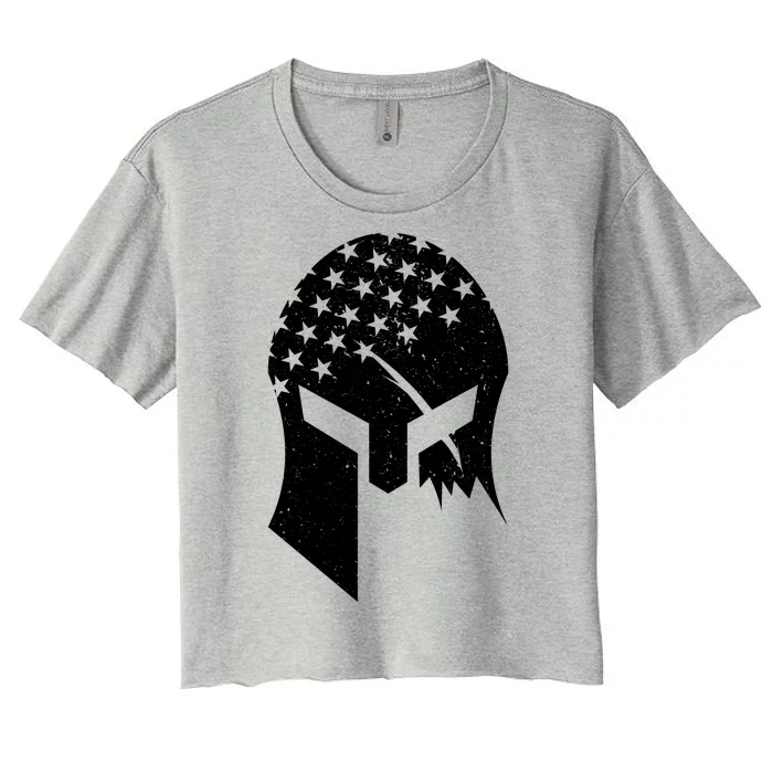 USA American Flag Warrior Skull Helmet Women's Crop Top Tee