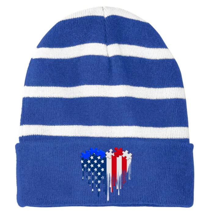 USA American Flag Puzzle Heart Striped Beanie with Solid Band