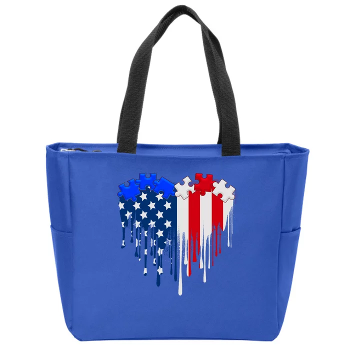 USA American Flag Puzzle Heart Zip Tote Bag