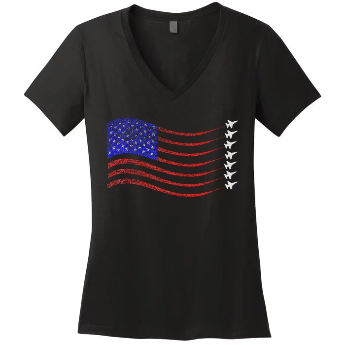 Usa American Flag Fighter Jets Trail Women's V-Neck T-Shirt