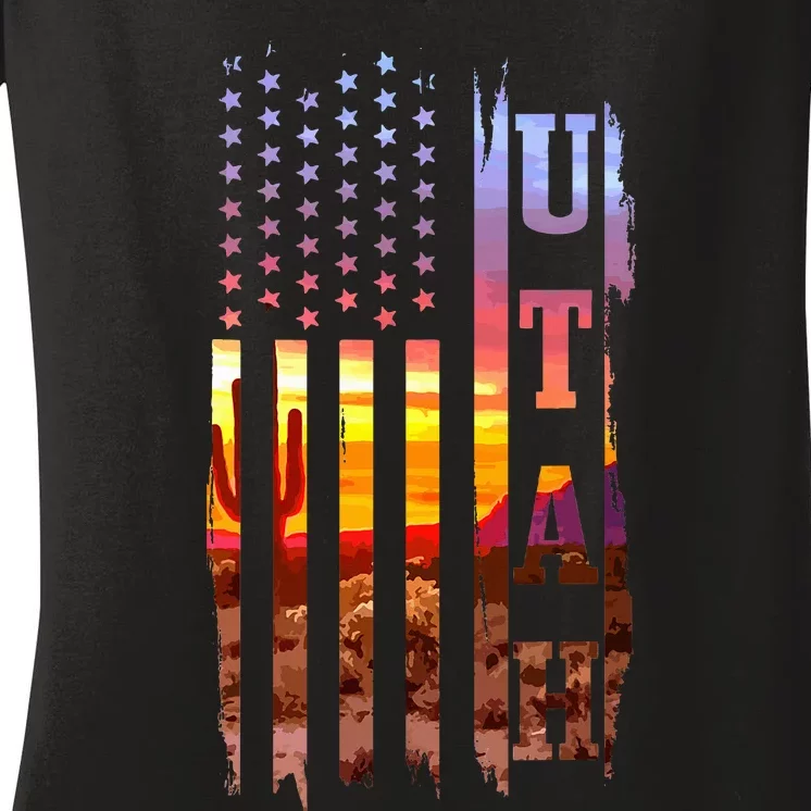 Utah American Flag Pride Landscape Cactus Patriotic Women's V-Neck T-Shirt