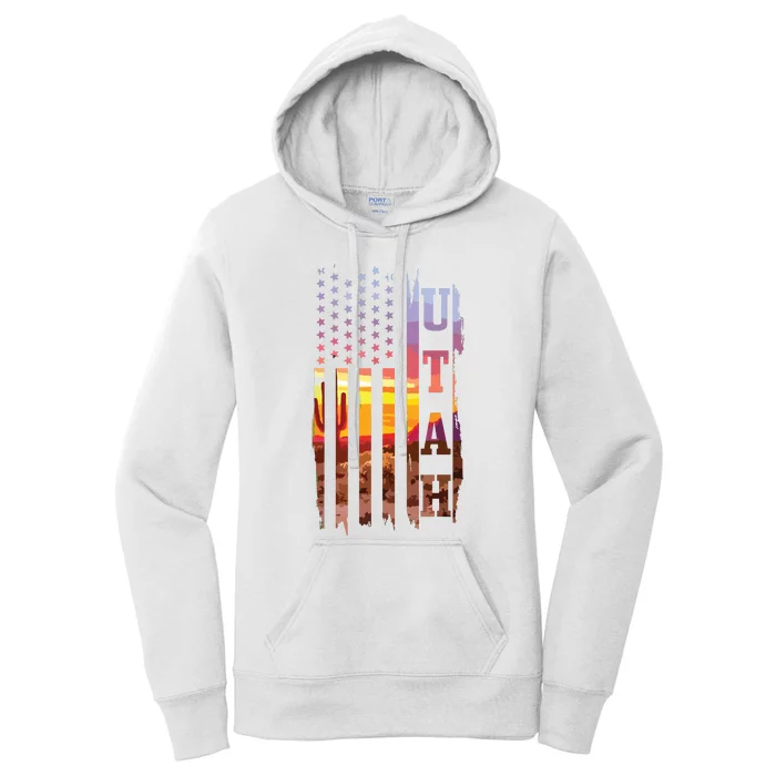 Utah American Flag Pride Landscape Cactus Patriotic Gift Women's Pullover Hoodie