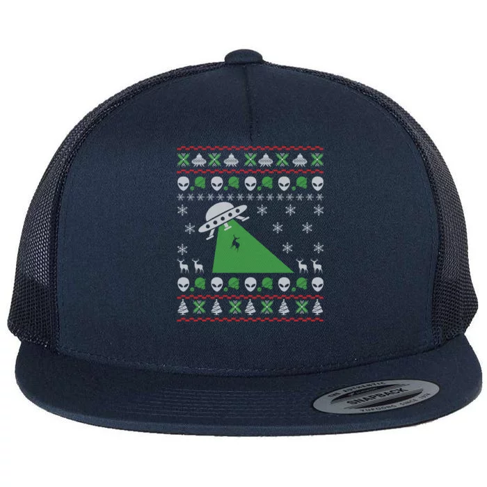 Ufo Alien Funny Reindeer Ugly Christmas Sweater Great Gift Flat Bill Trucker Hat