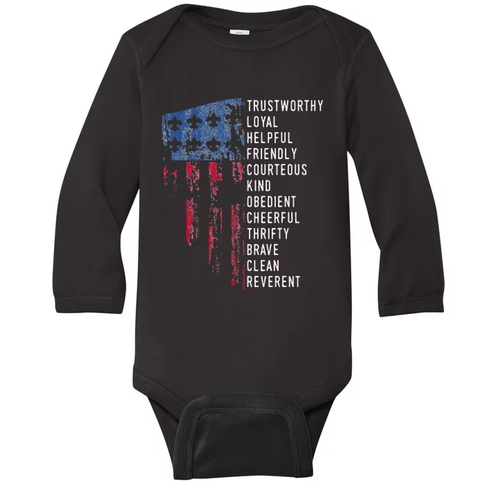 Us America Flag Vintage Scouting Law Baby Long Sleeve Bodysuit