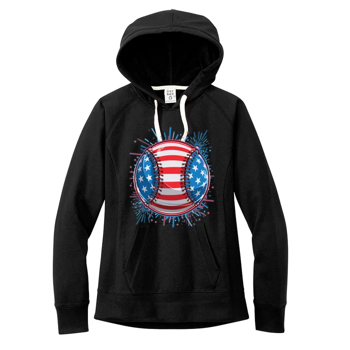 USA American Flag Firework Baseball Women's Fleece Hoodie