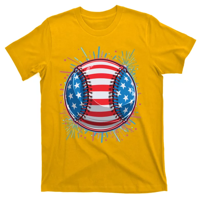 USA American Flag Firework Baseball T-Shirt